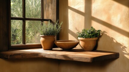 Fototapeta premium A cozy kitchen shelf adorned with potted herbs and ceramic bowls.