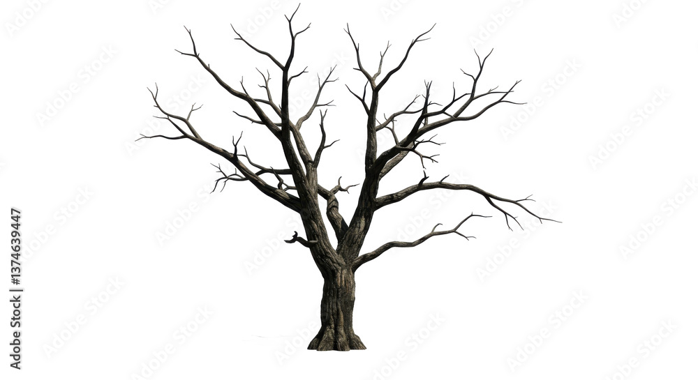 Aufkleber a gnarled tree with bare branches stands against a stark black background in a digital rendering