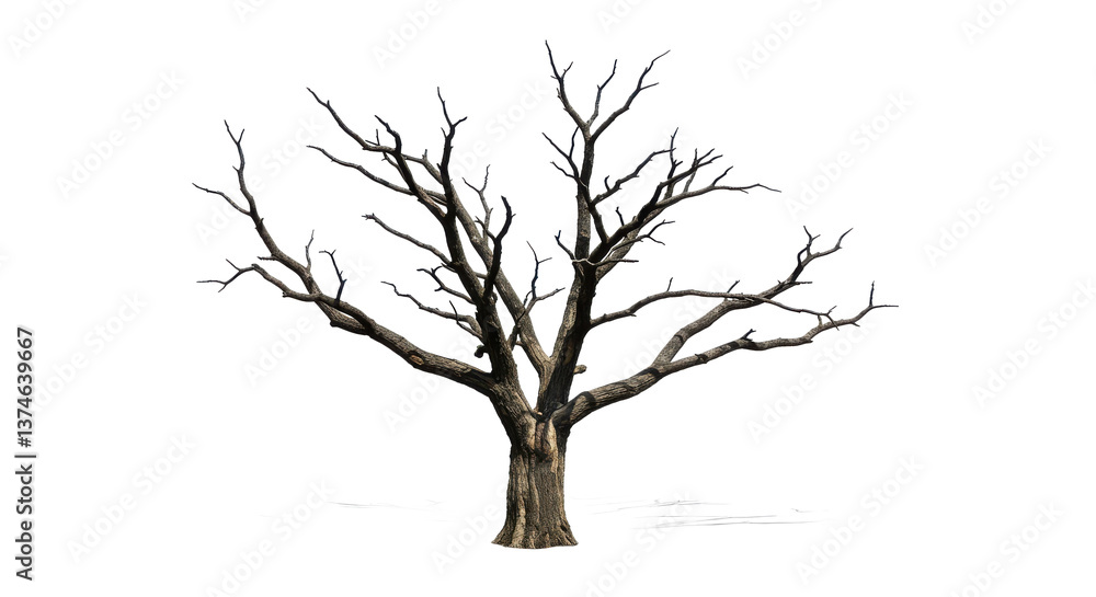 Poster a leafless tree with bare branches against a black background in a stark and minimalist composition