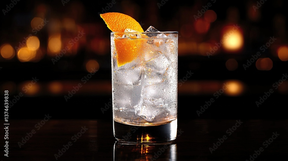 Poster a close-up of a drink with ice and an orange slice on a table under blurry light in the background