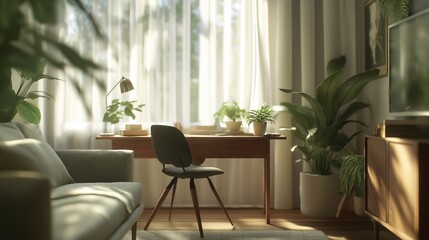 airy living room with a light gray couch, a wooden desk with a dark chair, lush greenery, and sheer white curtains
