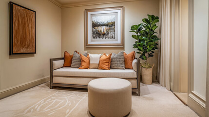 Interior design of beige style living room with furniture, daybed, pouf, hanging decoration on the wall, plant, stool and elegant personal accessories. Home decor. Template. Copy space. 	