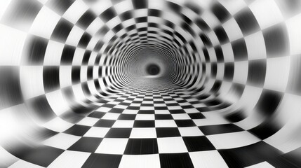 Mind-bending checkered tunnel illusion creates a captivating journey through contrasting patterns and depth, captivating the viewer’s perception of reality and space