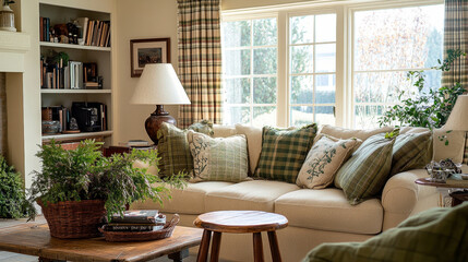 Creative composition of botanic living room interior with beige sofa, green plaid, carpet, wooden stool and personal accessories. Home decor. Template.
