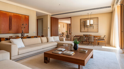 Modern living room interior composition with beige sofa, wooden coffee table, painting and creative home accessories. Template. Copy space. Dining room in the background.