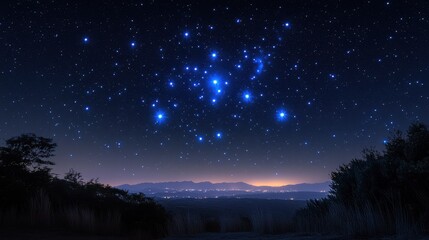 Vibrant night sky showcasing Orion's Belt among a tapestry of stars illuminating the serene landscape below, deep in a tranquil wilderness setting