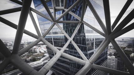 Architectural detail of a modern skyscraper with intricate steel beam framework. Urban cityscape visible in background. Contemporary design.