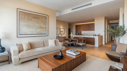 Fototapeta premium Modern living room interior composition with beige sofa, wooden coffee table, painting and creative home accessories. Template. Copy space. Dining room in the background.