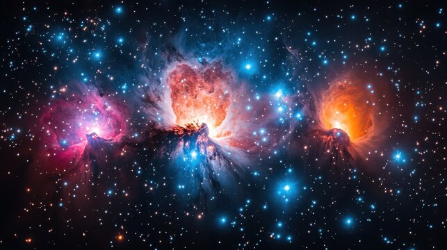 Vibrant hues of the Orion Nebula reveal stellar formation in the cosmic tapestry, showcasing a breathtaking display of celestial beauty and galactic wonder in this expansive star nursery