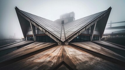 Architectural marvel: Abstract structure featuring converging lines and geometric shapes creating a unique visual experience in hazy conditions.