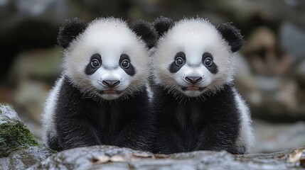 Obraz premium Pandas dressed in fashionable attire showcase their unique style in a serene natural setting, captivating onlookers with their charming appearance