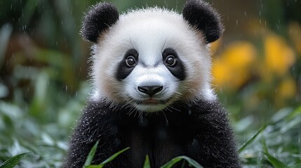 Fototapeta premium In a whimsical moment, a fashionable panda gazes curiously among lush greenery, embodying both cuteness and style in a serene, rainy atmosphere