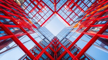 Angular building design viewed from below, with repeating red lines forming a lattice against the blue sky in a geometric perspective.