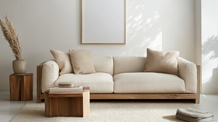 Modern living room interior composition with mock up poster frame, beige sofa, wooden side table and small home decorations. Creative home staging. White wall. Copy space. Template. 