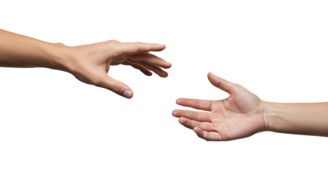 Two hands reaching out towards each other against a black background in a gesture of connection