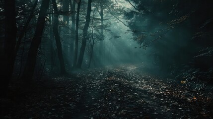 Obraz premium Dark forest path eerie atmosphere horror movie vibes cinematic woods misty mysterious horizontal rainforest.