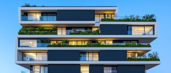 Modern architecture featuring layered balconies, vegetation, clean lines, and a blue sky background