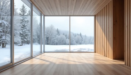 Fototapeta premium Modern interior with large windows in winter.