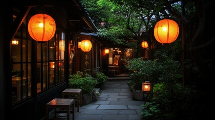A quiet Japanese alley lined with small shops and lanterns at night.