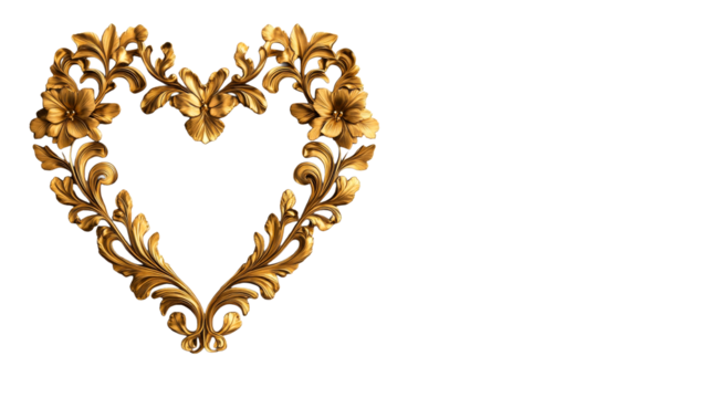 Decorative golden heart with floral design on transparent background