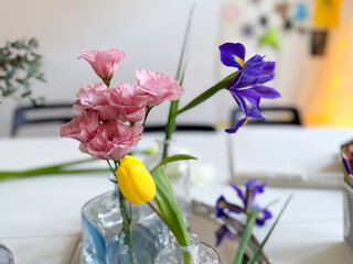 Pink flower in glass vase with blurred tulips and vases in background. Elegance, freshness, and home floral decor in spring.
