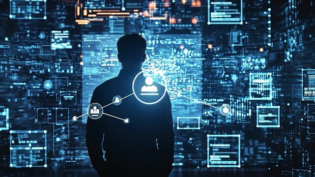 Person silhouetted against a digital interface showcasing data analysis