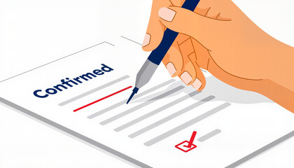 Hand signing confirmation document with pen, minimalistic design