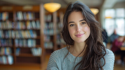 A 23-year-old beautiful brunette French supermodel standing in a public library, smiling at the camera. She is dressed in casual attire, with detailed facial features showing her satisfaction.