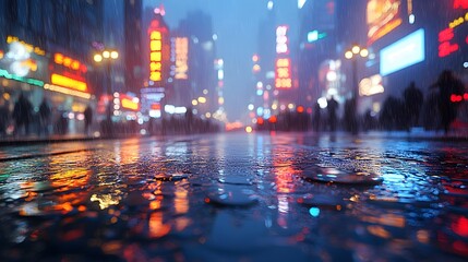 Obraz premium Moody rainy night in the city with glowing neon lights reflecting on wet asphalt, urban scene with silhouettes of people and colorful illuminated signs in the distance 