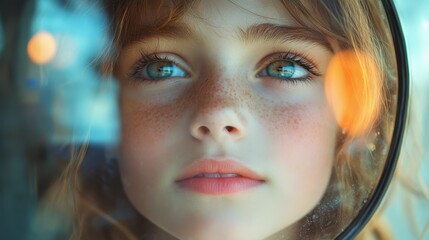 Reflection reveals the enchanting world of a girl gazing into a mirror, exploring the boundaries of reality and imagination in a whimsical parallel universe