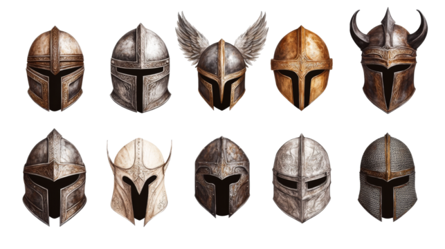 Historical and fantasy helmets on a transparent background