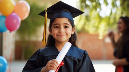 Young Latina girl, about 10 years old, wearing a graduation gown and cap, holding a rolled-up diploma with both hands