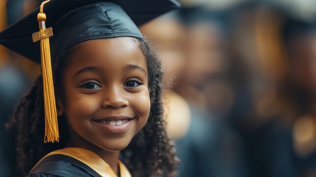 Young African American girl, about 10 years old, wearing a graduation cap and gown. The cinematic portrait captures her confidence and joy - Powered by Adobe
