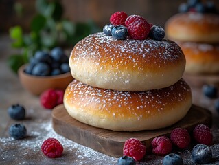 Delicious sweet buns topped with powdered sugar and raspberries, served with fresh blueberries on a rustic wooden table, cozy homemade dessert concept
