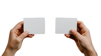 Hands holding blank cards with transparent background