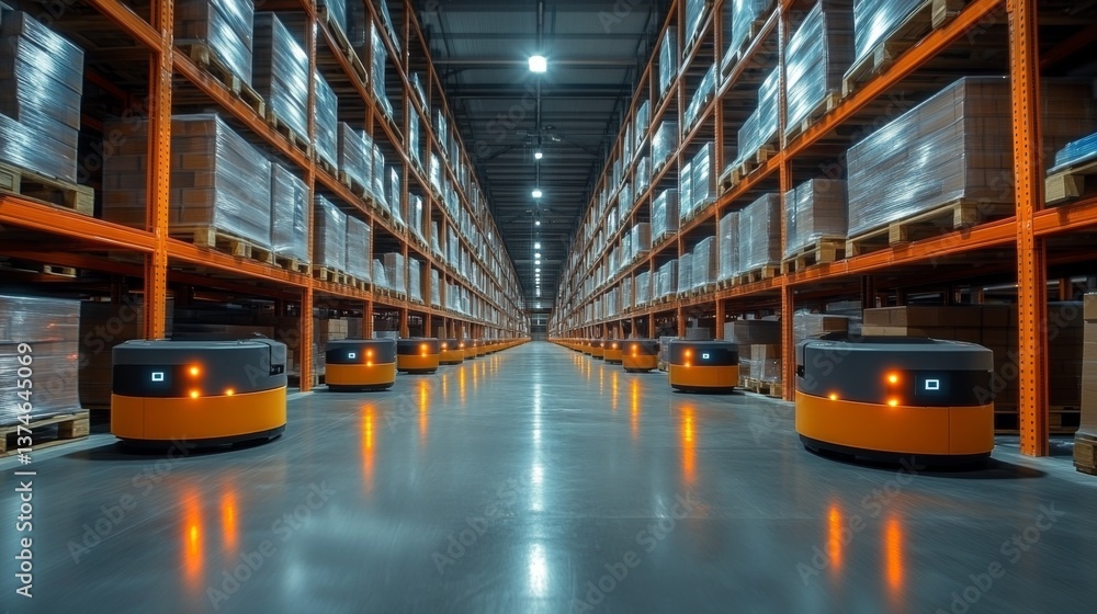 Poster Automated robots efficiently move through a spacious warehouse, organizing inventory on shelves while optimizing storage and fulfillment processes during busy hours.