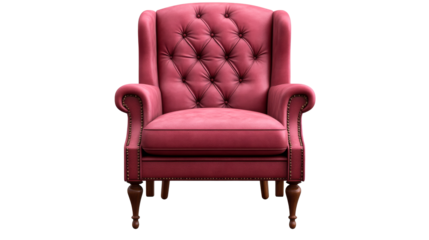 Elegant pink armchair with tufted upholstery on transparent background