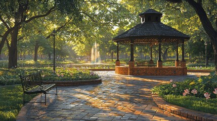 Obraz premium Serene Park Gazebo: A Summer Morning's Tranquility