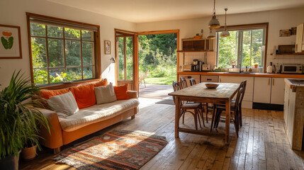 Fototapeta premium Cozy scandinavian open space with dining, living room and kitchen with design sofa and family table. Bright and sunny room with big windows and brown wooden parquet. 