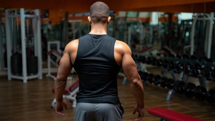 une salle de sport vu du dos d'un sportif 