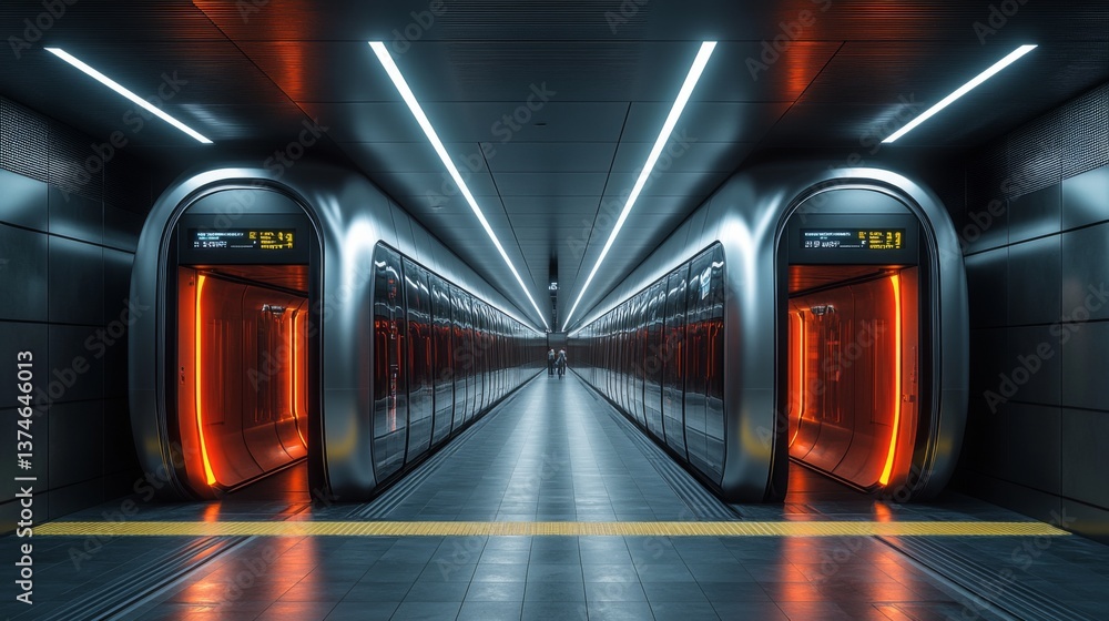 Poster Commuters await trains at a sleek subway station featuring futuristic design and efficient mobility solutions in an urban environment.