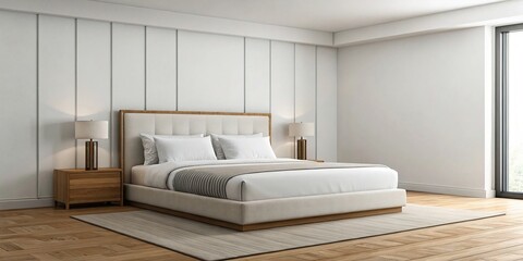 Elegant bedroom interior featuring a luxurious bed with plush pillows, classic paneled walls, warm lighting, and large windows covered with flowing curtains, creating a serene atmosphere.