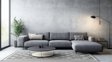 Loft style of modern apartment with gray sofa, plaid, carpet, coffee table. pedant lamp, decoration and personal accessories. Gray concrete wall. Industrial home decor. Template