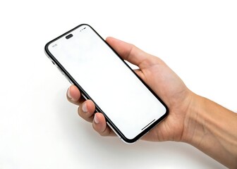 A hand holding a smartphone with a blank white screen on a white background
