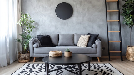 Loft style of modern apartment with grey design sofa, black coffee table, black ladder, pedant lamp, carpet, wooden decoration and elegant accessories . Concrete grunge wall. Template. 