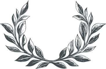 Hand drawn laurel wreath illustration with detailed black and white leaves. Vector illustration