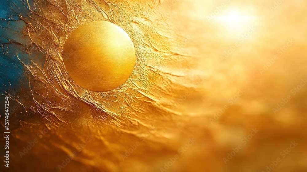 Poster close-up of a blue and gold background with a circular object on the left side and a yellow circle o