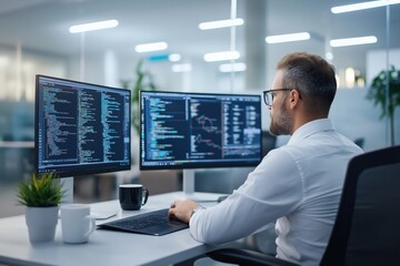 3D Render of Remote Office Desk With Multiple Monitors, Indoor Plants and Modern Decor in Natural Light