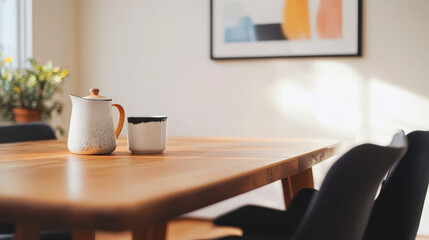Stylish dining room interior with design wooden family table, black chairs, teapot with mug, mock up art paintings on the wall and elegant accessories in modern home decor. Template.