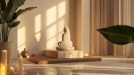 A cozy meditation setting with a handmade sculpture, soft candlelight, and natural materials enhancing a mindful ambiance.